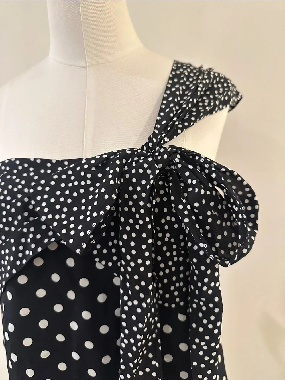 J. Crew Black & White Polka Dot One-Shoulder Bow Top